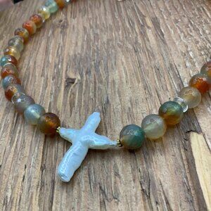 Multi Colored Agate Gemstones Beaded Fresh Water Pearl Cross Gold Tone Necklace